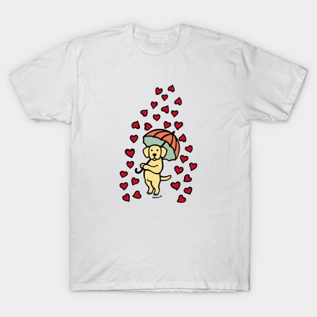 Yellow Labrador Cartoon and Rain of Hearts T-Shirt by HappyLabradors